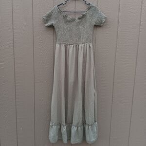 SIMPLEE Sage Green Smocked Maxi Dress with White Polka Dots L